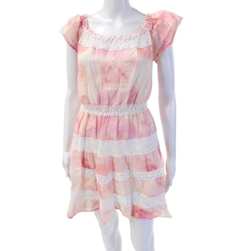 Temptation Positano Women Sundress Pink Linen Square Neck Short Sleeve Size M